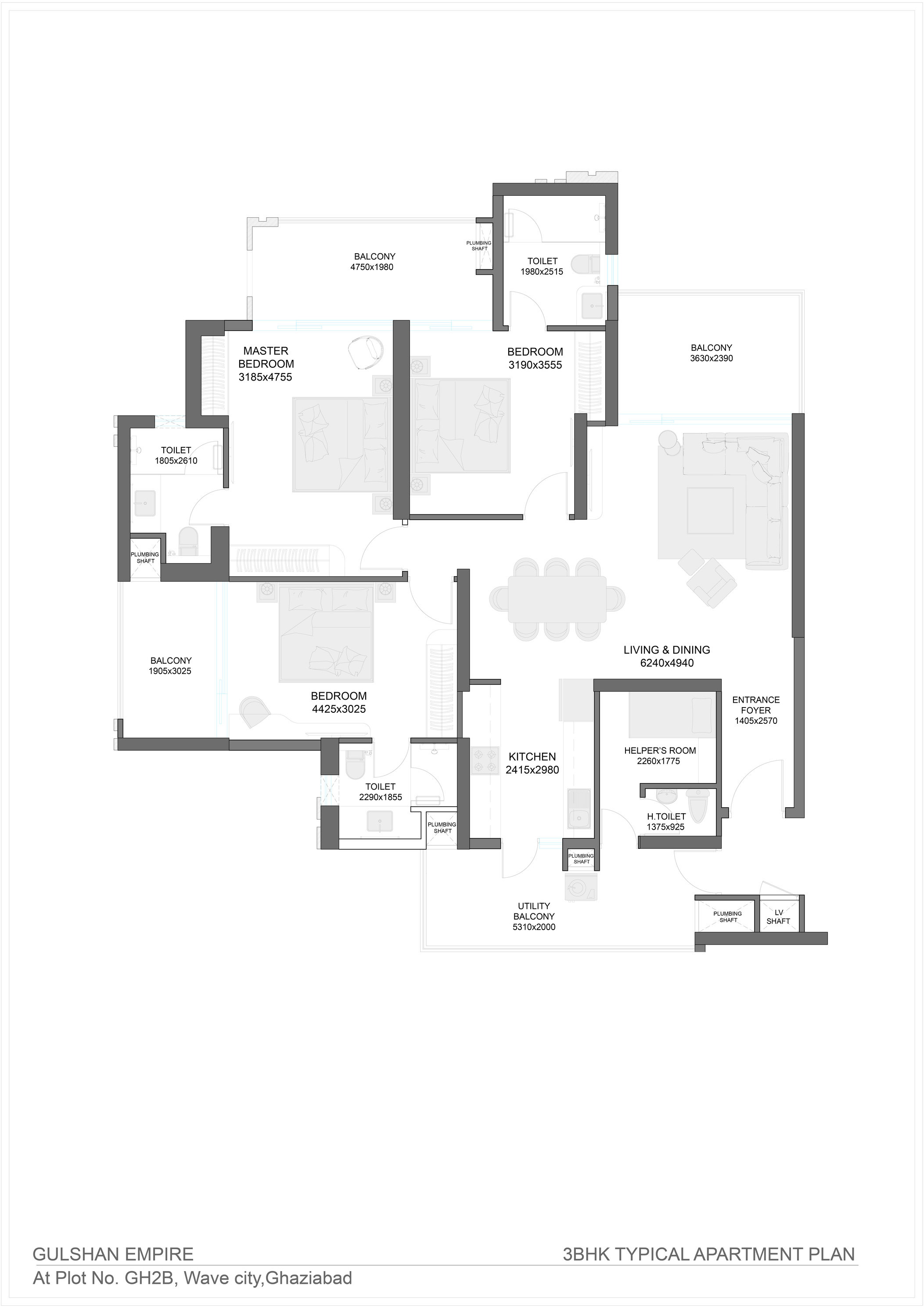 3 BHK + Helper's Room floor plan